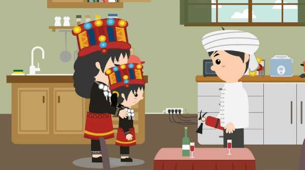 一家三口开始做饭了；